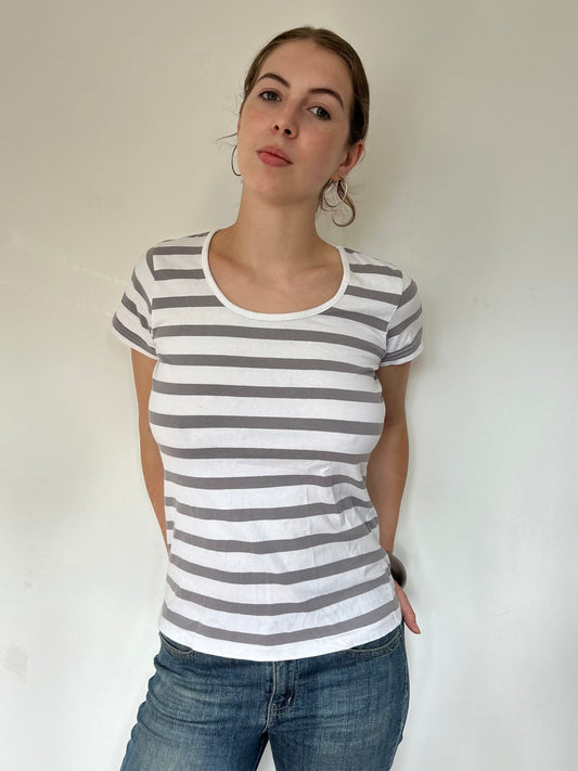 Grey and white striped top (size 10)