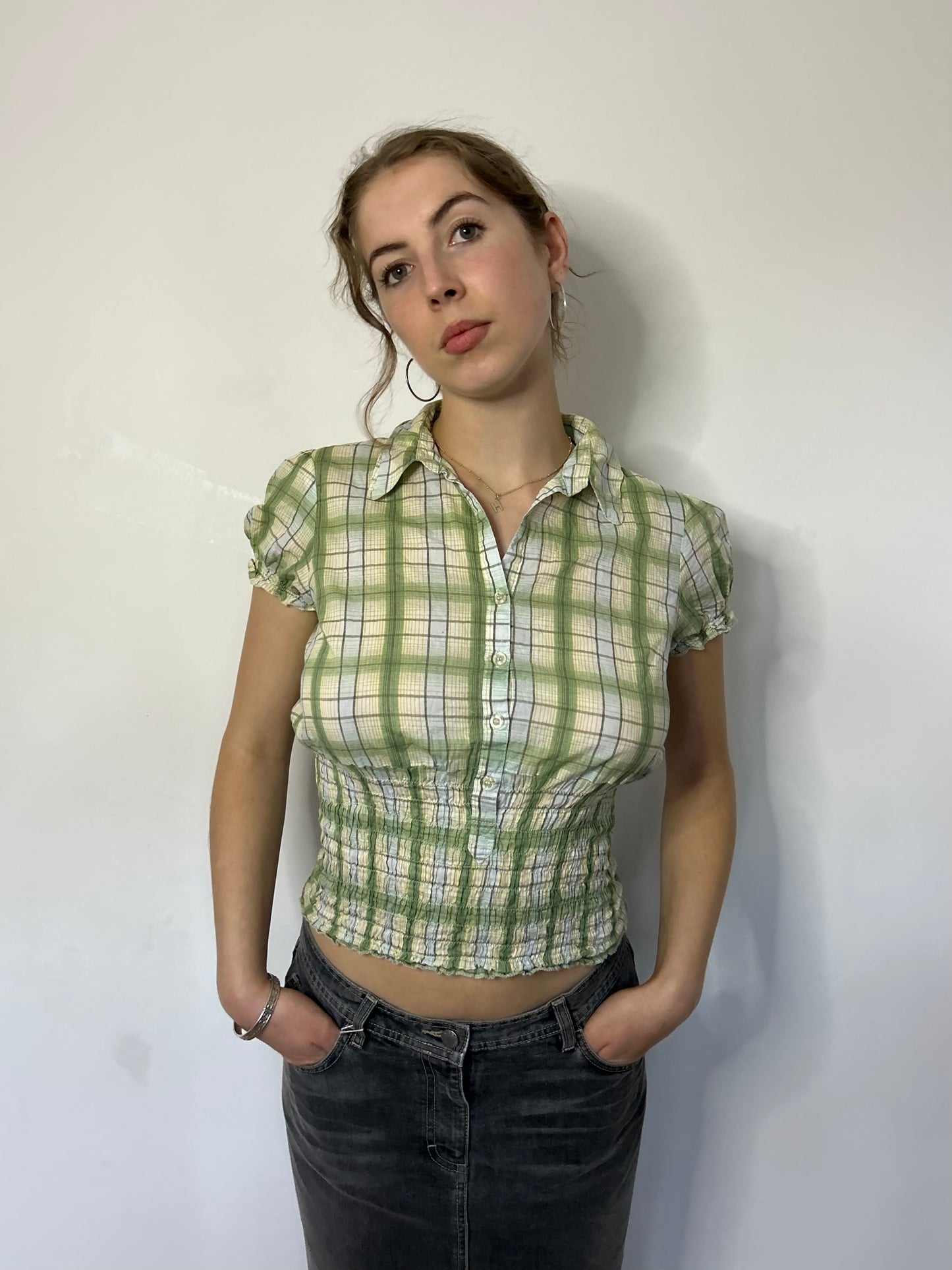 Green tartan button up blouse (size 8)