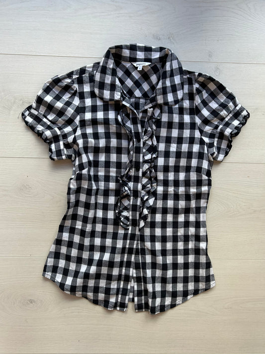 Black checkered ruffle fitted blouse (size 8)