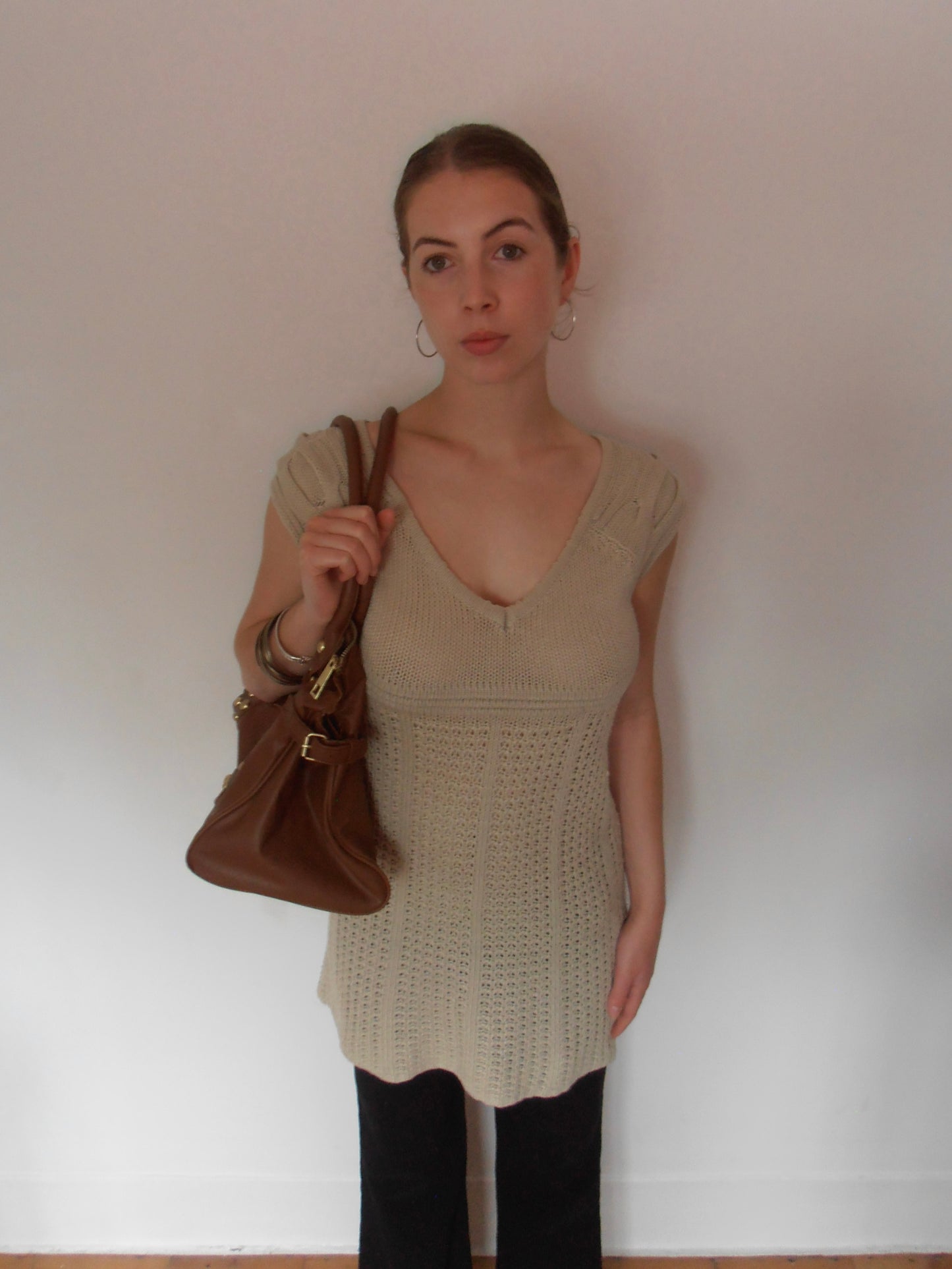 Cream knit v neck mini dress (size 8/10)