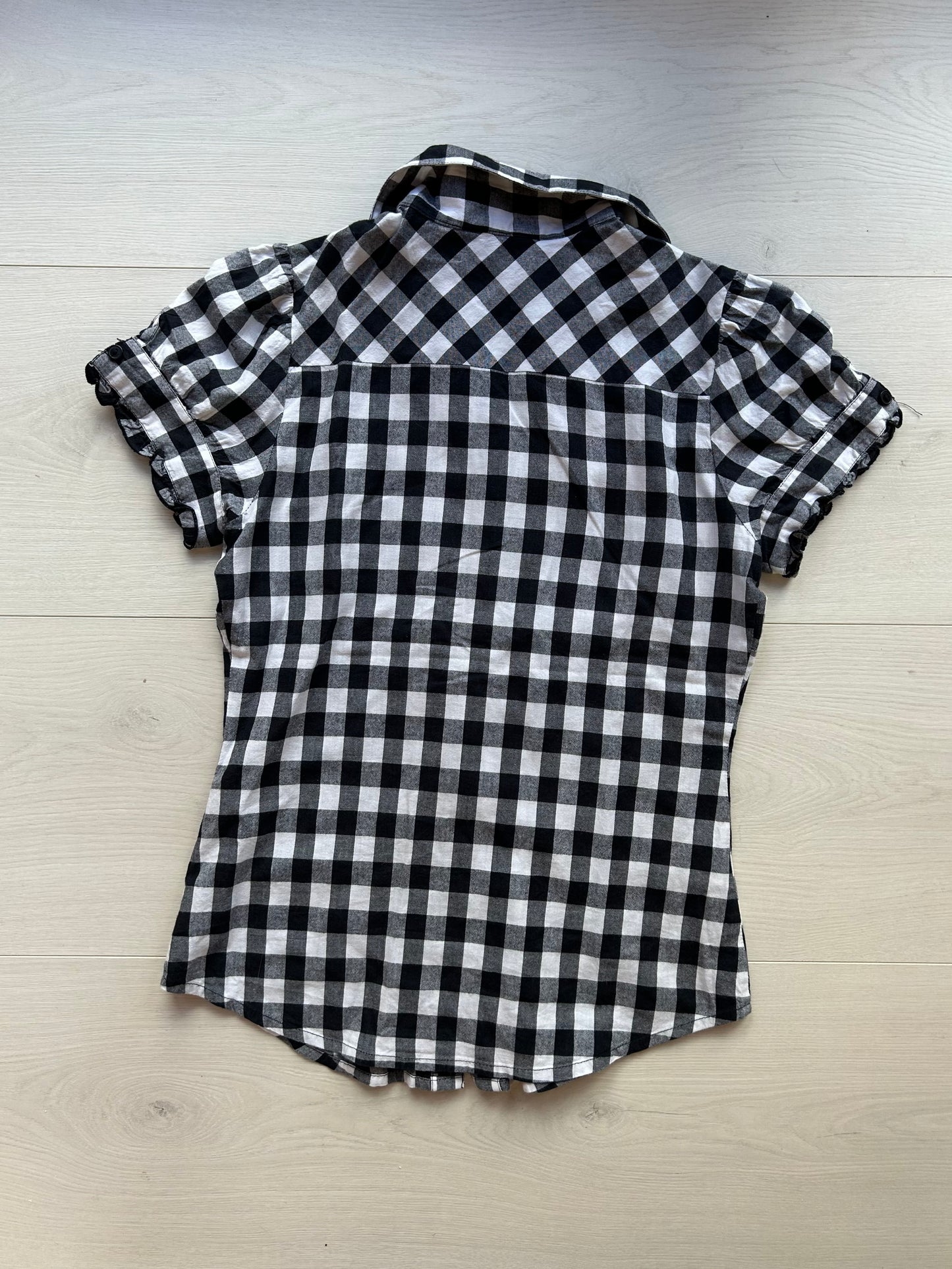 Black checkered ruffle fitted blouse (size 8)